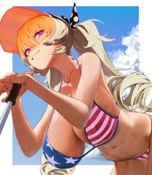 Rule 34 | 1girl, american flag bikini, american flag print, bare arms, bare shoulders, bikini, black bow, blonde hair, blue sky, border, bow, breasts, cloud, collarbone, commentary, drill hair, flag print, grin, hair bow, hanging breasts, hat, highres, huge breasts, leaning forward, leaning on object, leaning on weapon, long hair, looking to the side, navel, original, polka dot, polka dot bow, print bikini, purple eyes, sky, smile, solo, swimsuit, sword, teeth, twintails, waterswing, weapon, wet, white border