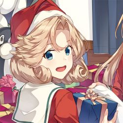 Rule 34 | 1girl, blonde hair, blue eyes, commentary request, failure penguin, fur-trimmed headwear, fur trim, gift, hat, holding, janus (kancolle), kantai collection, konishi (koconatu), looking at viewer, lowres, official art, open mouth, red hat, sailor collar, santa hat, short hair, solo, upper body, white sailor collar