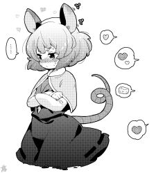 Rule 34 | 1girl, animal ears, artist logo, black skirt, black vest, blush, cheese, commentary request, cowboy shot, cropped legs, crossed arms, embarrassed, food, greyscale, heart, jewelry, long sleeves, monochrome, mouse ears, mouse tail, nazrin, pendant, shirt, short hair, simple background, skirt, solo, spoken heart, spoken object, sweat, tail, tanasuke, touhou, vest, white background, white shirt
