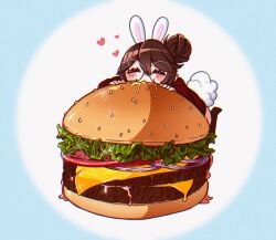 Rule 34 | 1girl, :3, abottleofstars, animal ears, blush stickers, bread bun, brown hair, burger, cheese, closed eyes, commentary, drooling, eating, english commentary, food, food focus, foodgasm, glasses, hair bun, heart, highres, lettuce, long hair, onion, original, oversized food, oversized object, rabbit ears, rabbit tail, saliva, sauce, sesame seeds, sliced cheese, solo, sparkle, tail, tomato, tomato slice