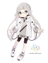 Rule 34 | 1girl, bike shorts, black shorts, blunt bangs, closed mouth, commentary, english text, full body, game console, grey eyes, grey footwear, grey hair, grey jacket, highres, ika esu, inkling, inkling girl, inkling player character, jacket, logo, long hair, long sleeves, looking at viewer, mask, nintendo, pointy ears, print footwear, print jacket, shoes, shorts, simple background, single vertical stripe, smile, solo, standing, standing on one leg, super famicom, tentacle hair, white background