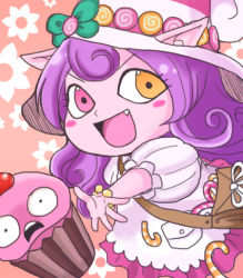 Rule 34 | 1girl, :d, alternate costume, bag, bittersweet lulu, candy, candy cane, colorized, cupcake, fang, food, green dew, hat, heterochromia, league of legends, long hair, lulu (league of legends), open mouth, purple hair, smile, solo, witch hat, yordle