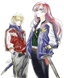 Rule 34 | 1boy, 1girl, blonde hair, closed mouth, dated, earrings, elmina niet, green eyes, jack van burace, jacket, jewelry, long hair, looking at viewer, mitsuharu nene, necklace, red hair, simple background, sword, weapon, white background, wild arms, wild arms 1