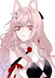 Rule 34 | 1girl, absurdres, animal ears, arknights, bare shoulders, breasts, cleavage, cleavage cutout, closed mouth, clothing cutout, hair ornament, highres, long hair, looking at viewer, pink hair, pozyomka (arknights), red eyes, simple background, sketch, solo, taiyangfengbao, upper body, white background, wolf ears