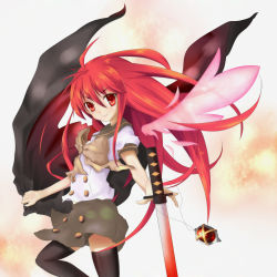 Rule 34 | 00s, 1girl, alastor (shakugan no shana), coat, jewelry, long hair, necklace, pendant, red eyes, red hair, shakugan no shana, shana, solo, sword, thighhighs, wafoo, weapon, wings