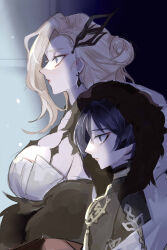 1boy 1girl absurdres black_choker blonde_hair breasts choker dress from_side fur_trim genshin_impact hair_ornament highres hood hoodie jewelry large_breasts long_hair purple_hair scaramouche_(genshin_impact) short_hair signora_(genshin_impact) strapless strapless_dress ujo_(jiutao) white_dress white_hoodie