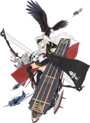 Rule 34 | aircraft, airplane, animal, azur lane, bare shoulders, belt, bird, black coat, black thighhighs, boots, bow (weapon), breasts, coat, crossbow, detached sleeves, eagle, enterprise (azur lane), flight deck, full body, hao (patinnko), hat, highres, holding, holding bow (weapon), holding crossbow, holding weapon, jacket, knee boots, large breasts, long hair, military, military vehicle, miniskirt, necktie, official art, open clothes, open jacket, pleated skirt, purple eyes, shirt, silver hair, skirt, sleeveless, sleeveless shirt, solo, thighhighs, transparent background, very long hair, weapon, white cap, white hat, white shirt, wings, zettai ryouiki