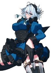 Rule 34 | 1girl, absurdres, black gloves, blue dress, braid, breasts, corset, dress, frills, gloves, grin, highres, himadera, holster, izayoi sakuya, knife, large breasts, long sleeves, maid headdress, puffy sleeves, simple background, smile, solo, teeth, thigh holster, thighhighs, touhou, twin braids, white background