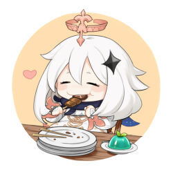 Rule 34 | 1girl, blush stickers, chair, chibi, chopsticks, clenched hands, closed eyes, eating, food, genshin impact, hair ornament, halo, heart, holding, holding food, mechanical halo, noi (nononoi339), paimon (genshin impact), plate, solo, table, white hair