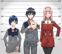 Rule 34 | 10s, 1boy, 1girl, 2girls, barcode, barcode tattoo, black hair, black pantyhose, blue-framed eyewear, blue eyes, blue hair, candy, collarbone, couple, darling in the franxx, eyes visible through hair, food, green eyes, hair between eyes, hair ornament, hairband, hairclip, hand in pocket, hand on own hip, height chart, highres, hiro (darling in the franxx), horns, ichigo (darling in the franxx), in mouth, kaz (kaazzz0416), lifted by self, lineup, lollipop, long hair, looking at viewer, military, military uniform, mugshot, multiple girls, necktie, oni horns, orange neckwear, pantyhose, pink hair, red horns, red neckwear, short hair, smile, smirk, tattoo, uniform, white hairband, zero two (darling in the franxx)