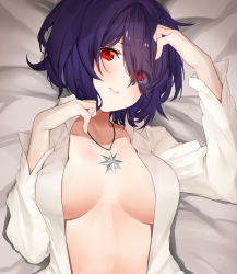Rule 34 | 1girl, absurdres, aogiri koukou, bed sheet, blush, breasts, breasts apart, closed mouth, collarbone, collared shirt, eyes visible through hair, from above, frown, hands up, head tilt, highres, jewelry, large breasts, long sleeves, looking at viewer, lying, necklace, no bra, on back, on bed, open clothes, open shirt, otodama tamako, purple hair, red eyes, shirt, short hair, solo, upper body, virtual youtuber, yuya (yuya illust)