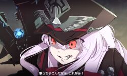 Rule 34 | 1girl, artery gear, artery gear: fusion, atlas (artery gear), commentary request, grey hair, grin, hair between eyes, hat, m yuzuruha, military hat, pink hair, red eyes, smile, translation request