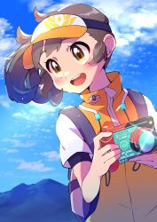 Rule 34 | 1girl, absurdres, backpack, bag, blush, brown hair, camera, cloud, commentary request, creatures (company), day, eyelashes, floating hair, game freak, glint, grey bag, hat, highres, holding, holding camera, jacket, looking to the side, new pokemon snap, nintendo, open mouth, orange hat, outdoors, pokemon, pon yui, river (pokemon), short sleeves, sky, solo, teeth, tongue, undershirt, upper body, upper teeth only, visor cap, yellow eyes, zipper pull tab