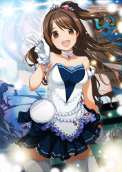 Rule 34 | 1girl, :d, blue skirt, brown eyes, brown hair, cowboy shot, crown, doushimasho, gloves, hand up, holding, holding microphone, idol, idolmaster, idolmaster cinderella girls, idolmaster cinderella girls starlight stage, looking at viewer, microphone, mini crown, miniskirt, one side up, open mouth, round teeth, shimamura uzuki, skirt, smile, solo, standing, starry sky bright (idolmaster), teeth, thighhighs, w, white gloves, white thighhighs, zoom layer