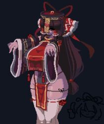 Rule 34 | adapted costume, black leotard, black sclera, black sleeves, breasts, brown hair, colored sclera, crabb, detached sleeves, hakurei reimu, hat, jiangshi, kaku seiga, large breasts, leotard, long hair, lowres, ofuda, outstretched arms, pelvic curtain, pixel art, qingdai guanmao, red eyes, thong, touhou, undead, very long hair, wide sleeves, zombie pose