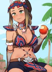 Rule 34 | 1girl, :t, apple, arm at side, armlet, armor, blonde hair, bracer, braid, braided ponytail, breasts, brown hair, chewing, clam shell, closed mouth, day, eating, feathers, food, food bite, fruit, green eyes, hand up, high ponytail, holding, holding food, holding fruit, jewelry, kayna (monster hunter), kwaejina, long braid, long hair, looking at viewer, mask, mask on head, medium breasts, monster hunter (series), monster hunter stories 2, multicolored hair, navel, neck ring, necklace, no tattoo, outdoors, paid reward available, shell, shell necklace, shorts, shoulder armor, sitting, solo, stomach, tan, tooth necklace, two-tone hair