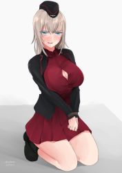 Rule 34 | 1girl, absurdres, bdsm, blue eyes, blush, bondage, boots, bound, bound wrists, breasts, cleavage, dress, eyebrows, girls und panzer, hat, highres, irukatto, itsumi erika, jacket, kneeling, kuromorimine military uniform, large breasts, looking at viewer, military, military uniform, open clothes, open jacket, open mouth, shiny skin, simple background, solo, sweat, uniform, white background, white hair