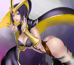Rule 34 | 1girl, ass, black hair, breasts, cape, circlet, cleavage, leblanc (league of legends), highres, kumiko shiba, large breasts, league of legends, looking at viewer, purple eyes, short hair, smile, solo, thong
