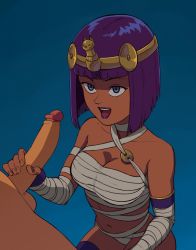 Rule 34 | 1boy, 1girl, alternate costume, bandages, capcom, curvy, dark skin, egyptian, hetero, imminent fellatio, looking at another, menat, mummy costume, naked bandage, official alternate costume, penis, solo, street fighter, street fighter v, uncensored, wide hips