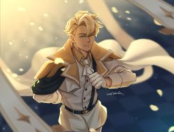 Rule 34 | 1boy, arm behind back, ascot, belt, blonde hair, cape, clotted cream cookie, cookie run, gloves, green eyes, highres, male focus, solo, standing, white ascot, white cape, white gloves, yaekaidou