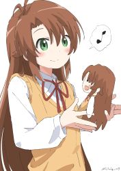 Rule 34 | 1girl, absurdres, antenna hair, asahigaoka school uniform, blush, brown hair, brown sweater vest, character doll, check commentary, closed mouth, collared shirt, commentary request, cynical (llcbluckg c004), eighth note, green eyes, highres, koshigaya komari, long hair, long sleeves, musical note, neck ribbon, non non biyori, open mouth, red ribbon, ribbon, school uniform, shirt, simple background, smile, solo, spoken musical note, sweater vest, twitter username, upper body, very long hair, white background, white shirt