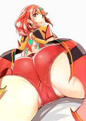 Rule 34 | 1girl, armor, ass, ass focus, bad id, bad pixiv id, blush, hip focus, huge ass, looking at viewer, looking back, lying, neet co., nintendo, on stomach, open mouth, partially visible vulva, pyra (xenoblade), red eyes, red hair, red shorts, short shorts, shorts, spread legs, swept bangs, tiara, wide hips, xenoblade chronicles (series), xenoblade chronicles 2