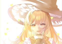 Rule 34 | 1girl, absurdres, blonde hair, bloom, braid, crying, crying with eyes open, hat, highres, kanta (pixiv9296614), kirisame marisa, long hair, open mouth, overexposure, portrait, simple background, solo, tears, touhou, white background, witch hat, yellow eyes