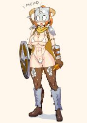 Rule 34 | 1girl, abs, armor, bikini, blush, boots, bottle, breasts, brown footwear, brown gloves, cape, commentary, dovahkiin, dovakini-chan (nisetanaka), english commentary, english text, fake horns, full body, gloves, greaves, heart-shaped pubic hair, helmet, highres, holding, holding bottle, holding shield, holding weapon, horned helmet, horns, jewelry, large breasts, long hair, looking at viewer, muscular, muscular female, navel, necklace, nisetanaka, o o, open mouth, orange hair, pauldrons, ponytail, pubic hair, shadow, shaped pubic hair, sheath, sheathed, shield, shoulder armor, simple background, single pauldron, solo, standing, stomach, string bikini, swimsuit, sword, the elder scrolls, the elder scrolls v: skyrim, thigh boots, weapon, white bikini, white eyes, yellow background, yellow cape