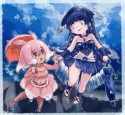 Rule 34 | 2girls, absurdres, blue eyes, blue footwear, blue hair, blue shirt, blue skirt, coelacanth (kemono friends), fins, fish girl, fish tail, gauntlets, grey eyes, hairband, head fins, highres, holding, holding hands, holding umbrella, japanese pancake devilfish (kemono friends), japari symbol, kemono friends, long hair, long sleeves, mary janes, midriff, multicolored hair, multiple girls, navel, pantyhose, pink footwear, pink hair, pink pantyhose, pink shirt, pink skirt, pleated skirt, sandals, scales, shirt, shoes, short hair, skirt, tail, tentacles, toriny, two-tone hair, umbrella, white hair