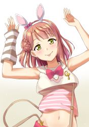 Rule 34 | 1girl, :p, animal ears, animal print, arm warmers, artist name, artist request, bare shoulders, blush, bow, bowtie, braid, braided bun, breasts, bun, buttons, cowboy shot, crescent moon, crescent moon symbol, cropped vest, detached sleeves, exciting animal (love live!), fake animal ears, female focus, fur-trimmed shorts, fur trim, green eyes, grey background, hair bow, hair bun, hairband, hand up, hood, hooded vest, hoodie, looking at viewer, love live!, love live! nijigasaki high school idol club, love live! school idol festival, love live! school idol festival all stars, medium breasts, moon, orange hair, pants, parted lips, pink bow, pink shirt, qy73, rabbit ears, rabbit print, rabbit tail, red bow, red hair, red shorts, shirt, short hair, short pants, short shorts, shorts, side bun, single detached sleeve, single side bun, sleeveless, sleeveless hoodie, smile, solo, striped clothes, striped shirt, suspender shorts, suspenders, tail, tongue, tongue out, uehara ayumu, vest, white background, white hairband, white hoodie, white vest, yellow eyes