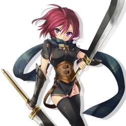 Rule 34 | 1girl, black panties, black thighhighs, dual wielding, fingerless gloves, gloves, holding, looking at viewer, nel zelpher, panties, pondel, purple eyes, red hair, scarf, short hair, simple background, solo, square enix, star ocean, star ocean till the end of time, sword, tattoo, thighhighs, underwear, weapon, white background