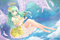 Rule 34 | 1boy, 1girl, angel, angel wings, aqua hair, barefoot, blue eyes, blue hair, blue pants, blue sky, blush, commission, dew (7302235), dress, flower, frills, hair flower, hair ornament, halo, holding, instrument, music, musical note, original, pants, playing instrument, puffy short sleeves, puffy sleeves, short sleeves, sitting, size difference, sky, smile, twitter username, violin, wings