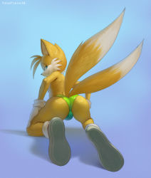 Rule 34 | 1boy, :t, animal ears, animal nose, artist name, ass, blonde hair, blue background, blue eyes, body fur, briefs, bulge, closed mouth, fox boy, fox ears, fox tail, from behind, full body, furry, furry male, gloves, gradient background, green male underwear, grey footwear, half-closed eyes, hand on own thigh, happy, highres, kneeling, leaning forward, looking at viewer, looking back, male focus, male underwear, multiple tails, shoes, short hair, sideways mouth, simple background, smile, socks, solo, sonic (series), tail, tail raised, tails (sonic), topless male, totesfleisch8, two-tone fur, two tails, underwear, watermark, white fur, white gloves, white socks, yellow fur
