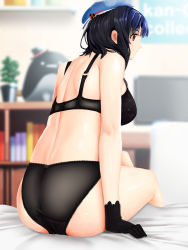 Rule 34 | 10s, 1girl, :d, back, bad anatomy, bad proportions, bed, bed sheet, beret, black bra, black gloves, black hair, black hat, black panties, blue hat, blurry, blurry background, book, bookshelf, bra, breasts, buckle, depth of field, flower pot, from behind, gloves, hat, highres, indoors, kantai collection, large breasts, light smile, mini hat, mini top hat, on bed, open mouth, panties, parted lips, plant, poorly drawn, potted plant, ranpu (kariudo), red eyes, screen, shelf, short hair, sitting, smile, solo, stuffed animal, stuffed penguin, stuffed toy, takao (kancolle), tareme, television, top hat, underwear, underwear only