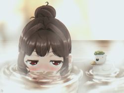 Rule 34 | bath, blush, brown hair, closed mouth, embarrassed, floating, floating object, hair bun, looking at viewer, nude, partially submerged, red eyes, rubber duck, single hair bun, steam, tagme, touhoku kiritan, voiceroid, yukkuribito