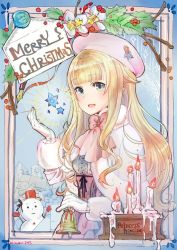 Rule 34 | 1girl, :d, akiya yukie, artist name, blonde hair, candle, capelet, center frills, christmas, dated, english text, frills, gloves, green eyes, hat, merry christmas, open mouth, princess (princess principal), princess principal, signature, smile, snowman, solo, white gloves