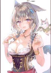 Rule 34 | 1girl, absurdres, animal ears, blush, bracelet, braid, breasts, cat ears, cat tail, cleavage, collarbone, fang, final fantasy, final fantasy xiv, fingernails, grey hair, hair ornament, hands up, highres, jewelry, long hair, looking at viewer, medium breasts, miqo&#039;te, momoko (momopoco), nail polish, necklace, open mouth, purple eyes, scan, short sleeves, simple background, skin fang, smile, tail, twin braids, twintails, upper body, warrior of light (ff14), white background, yellow nails