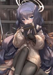Rule 34 | 1girl, artist name, bags under eyes, black hair, black pantyhose, black shirt, blue archive, blue eyes, blue hairband, book, bookshelf, brown jacket, commentary request, feet out of frame, hair between eyes, hairband, halo, highres, holding, holding book, indoors, jacket, long hair, long sleeves, nekoya (liu), no shoes, pantyhose, puffy long sleeves, puffy sleeves, sailor collar, shirt, signature, sleeves past wrists, solo, ui (blue archive), undershirt, very long hair, white sailor collar, white shirt
