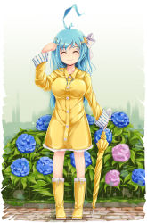 Rule 34 | 1girl, ^ ^, ahoge, arm up, bare legs, blue hair, boots, breasts, clenched hand, closed eyes, closed mouth, closed umbrella, coat, closed eyes, flower, green background, hair ornament, hair ribbon, hand on own head, highres, hydrangea, ichirino minagi, large breasts, long hair, magical girl, messy hair, original, raincoat, ribbon, rubber boots, smile, solo, standing, striped sleeves, umbrella, yellow coat, yellow footwear, yellow umbrella