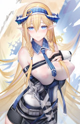 Rule 34 | 1girl, absurdres, arknights, bad id, bad pixiv id, bare shoulders, belt, binggong asylum, black skirt, blonde hair, blue eyes, blue hairband, blue necktie, blush, braid, breasts, covered erect nipples, cowboy shot, detached collar, dragon horns, elbow pads, flag, gloves, hair between eyes, hairband, hand on own chest, highres, horns, large breasts, looking at viewer, miniskirt, necktie, parted lips, partially fingerless gloves, pointy ears, saileach (arknights), see-through, skirt, smile, solo, twin braids, underbust, white gloves