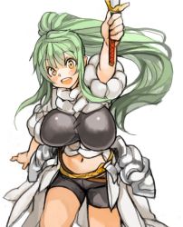 Rule 34 | 1girl, :d, bike shorts, blush, breasts, female focus, green hair, high ponytail, holding, holding sword, holding weapon, large breasts, long hair, navel, open mouth, original, ponytail, sachito, simple background, smile, solo, sumi-chan (sachito), sword, weapon, white background, yellow eyes