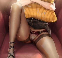 Rule 34 | 1girl, absurdres, bare arms, black skirt, brown pantyhose, commentary request, couch, head out of frame, highres, hololive, hololive english, kuroi suna, on couch, panties, panties under pantyhose, pantyhose, pillow, pillow grab, sitting, skirt, solo, thighs, underwear, virtual youtuber, watson amelia, white panties, zipper