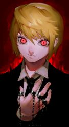 Rule 34 | 1boy, absurdres, black necktie, blonde hair, blouse, chain, formal, glowing, hair between eyes, highres, hunter x hunter, ibuo (ibukht1015), jewelry, kurapika, looking at viewer, male focus, necktie, red background, red eyes, ring, shirt, solo, suit, white shirt