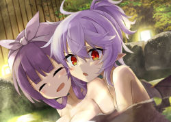 Rule 34 | 2girls, akisome hatsuka, bat wings, blush, breasts, closed eyes, collarbone, hair between eyes, large breasts, long hair, multiple girls, nude, onsen, open mouth, orange eyes, partially submerged, patchouli knowledge, pointy ears, purple hair, remilia scarlet, rock, same-sex bathing, shared bathing, short hair, touhou, upper body, wings