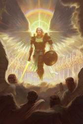 Rule 34 | 4boys, 6+boys, absurdres, angel, angel wings, archangel michael, armor, blonde hair, blue eyes, bowing, breastplate, brown hair, commentary, english commentary, feathered wings, full armor, gauntlets, glowing, glowing sword, glowing weapon, god&#039;s sword giants and the demon wars of gath, gold, gold armor, greaves, halo, harshanandsingh, heaven, highres, holding, holding sword, holding weapon, long hair, multiple boys, ornate armor, pauldrons, rainbow halo, shield, shoulder armor, sword, vambraces, weapon, wings