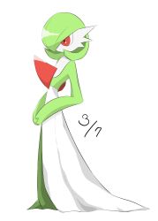 Rule 34 | 1girl, bob cut, closed mouth, colored skin, creatures (company), dated, female focus, flat chest, from side, full body, game freak, gardevoir, gardevoir day, gen 3 pokemon, green hair, green skin, hai (gardevoirrr), hair over one eye, highres, multicolored skin, nintendo, one eye covered, own hands together, pokemon, pokemon (creature), red eyes, short hair, simple background, solo, standing, two-tone skin, white background, white skin