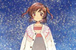 Rule 34 | 1girl, aijou karen, arms at sides, brown eyes, brown hair, buttons, cardigan, closed mouth, crown hair ornament, hair ornament, hairclip, highres, light blush, long sleeves, looking at viewer, night, night sky, nori (cheiwbciwkxbdjr), open cardigan, open clothes, outdoors, red shirt, shirt, short hair, shoujo kageki revue starlight, sky, solo, standing, star (sky), starry sky, striped clothes, striped shirt, swept bangs, two side up, upper body, white cardigan, white shirt