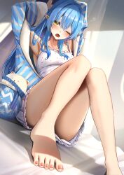 Rule 34 | 1girl, absurdres, amane sora, armpits, arms up, bare legs, barefoot, blue hair, blue jacket, blush, camisole, commentary request, elf, feet, highres, hololive, jacket, knees together feet apart, looking at viewer, nail polish, official alternate costume, one eye closed, open clothes, open jacket, open mouth, pedicure, pointy ears, polka dot camisole, sitting, skirt, solo, striped clothes, striped jacket, thighs, toenail polish, toenails, toes, virtual youtuber, white camisole, white skirt, yellow eyes, yukihana lamy, yukihana lamy (loungewear)