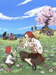 Rule 34 | 1girl, 6+boys, ^ ^, aged down, benn beckman, blue sky, bonk punch, brown pants, building snake, cherry blossoms, child, closed eyes, day, dress, facial hair, father and daughter, flower, grass, grin, hanami, hands up, hat, highres, holding, holding flower, hongou, limejuice (one piece), lucky roux, monster (one piece), multicolored hair, multiple boys, ocean, on grass, one piece, outdoors, pants, parent and child, puffy short sleeves, puffy sleeves, red hair pirates, red sash, sandals, sash, scrunchie, shanks (one piece), shirt, short hair, short sleeves, sitting, sky, sleeping, sleeves rolled up, smile, split-color hair, straw hat, tanaka (tanakya123), toned, toned male, uta (one piece), watching, white dress, white hair, white shirt, wrist scrunchie, yasopp