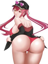 Rule 34 | 1girl, artist request, ass, ass focus, bare shoulders, bikini, bikini under clothes, breasts, cameltoe, come hither, from behind, hat, highres, hololive, houshou marine, huge ass, large breasts, leaning, leaning forward, long hair, looking at viewer, looking back, naughty face, pink hair, red eyes, shiny skin, sideboob, smile, solo, sunglasses, sunglasses on hat, swimsuit, thick thighs, thighs, tongue, tongue out, twintails, very long hair, virtual youtuber, white background, yellow eyes
